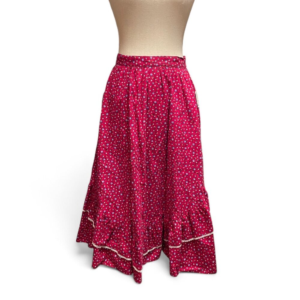 Vintage 80s Cottagecore Midi 100% Cotton Red Floral Prairie Skirt Size 11/12 NWT